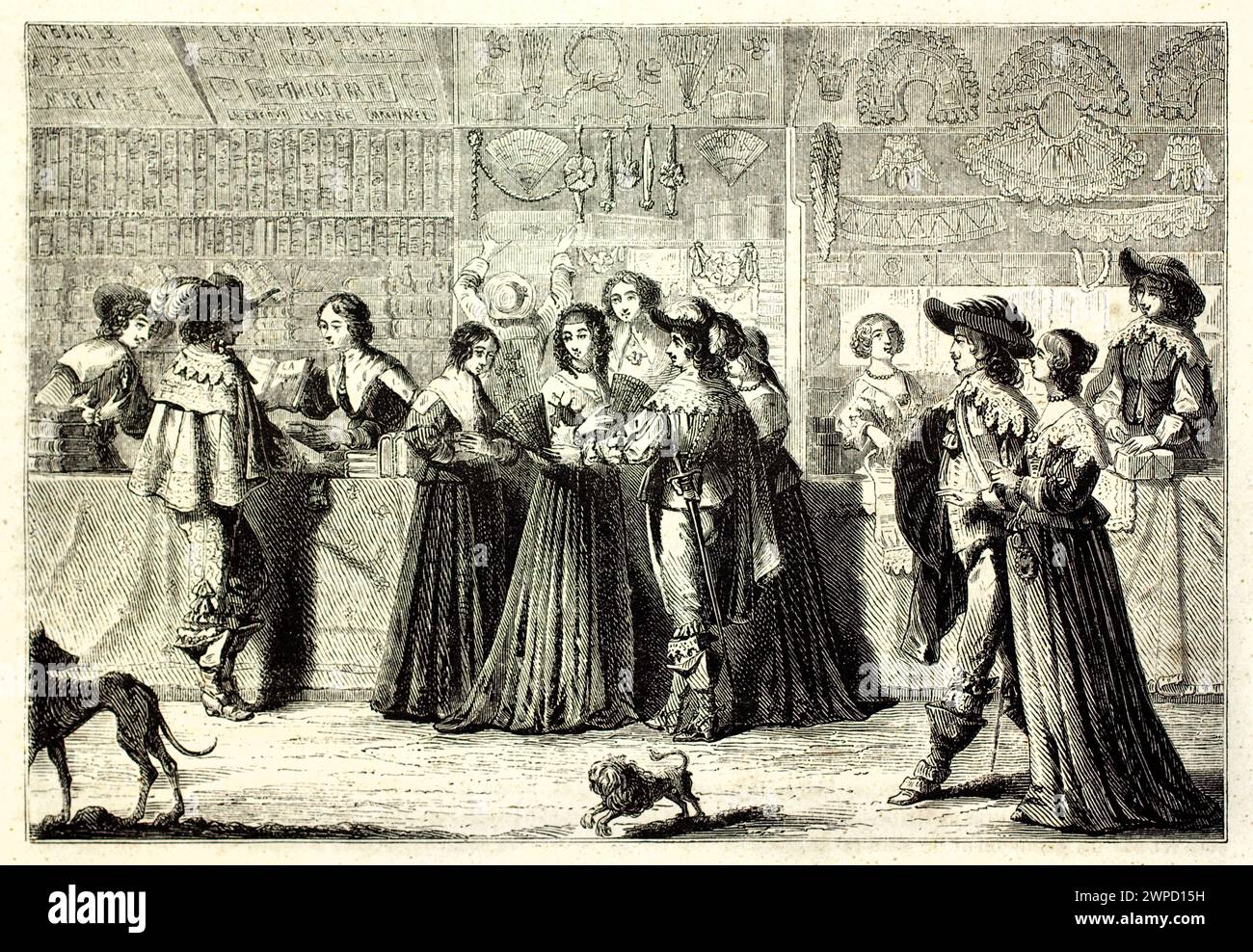 Alte gravierte Illustration der französischen Gesellschaft des 17. Jahrhunderts in einer Boutique-Szene. Erstellt von Foulquier nach Bosse, veröffentlicht auf Magasin Pittoresque 1852 Stockfoto