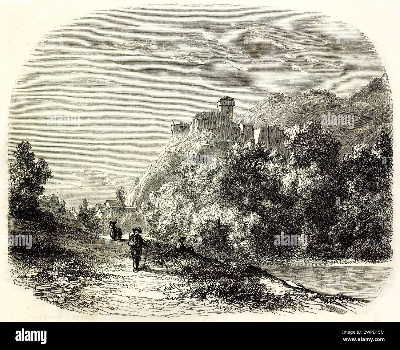 Alte gravierte Illustration der Umgebung von Lourdes, Frankreich, mit bemerkenswerter Verwendung von Schraffuren, um Tiefe und Textur zu vermitteln. Von Girardet 1852 Stockfoto