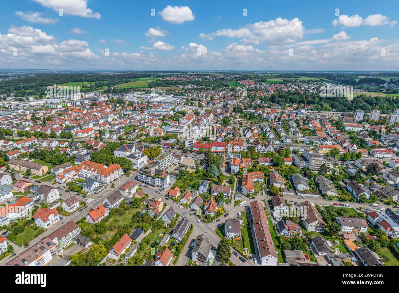 Luftaufnahme der Stadt Senden an der Iller südlich von Neu-Ulm in Bayerisch-Schwaben Stockfoto