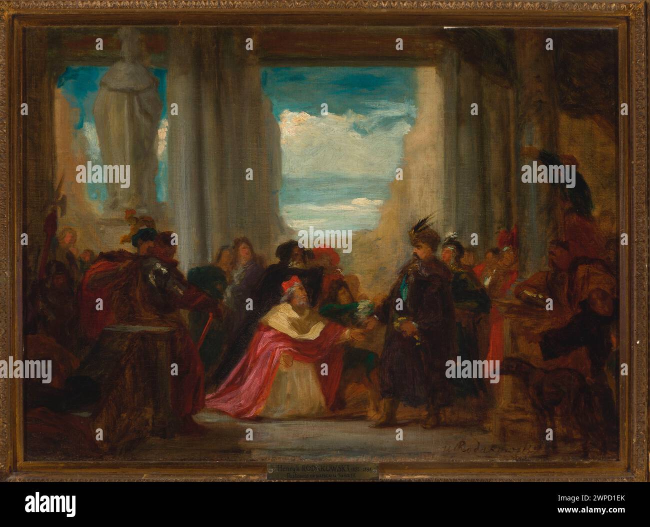 Zeichnung von Jan III. Sobieski und päpstlichen und kaiserlichen Gesandten zur Hilfe für Wien, um 1860. Zeigt Aristokratie, Hüte, Hunde, Kapuzinerordenmitglieder, Kardinäle, und historische Ereignisse. Teil polnischer Ikonographiesammlungen. Stockfoto