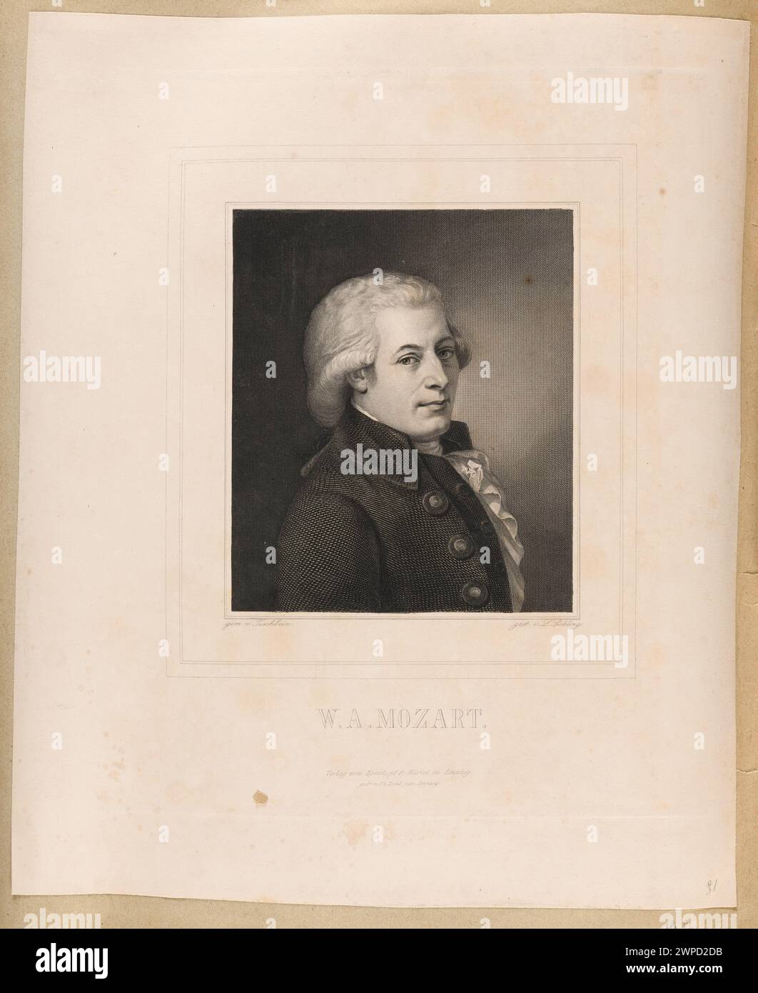 Porträt von Wolfgang Amadeus Mozart, geschaffen zwischen 1835-1850 von Lazarus Gottlieb Sichling und Johann Heinrich Wilhelm Tischbein, das die Merkmale und Kleidung des Komponisten zeigt. Stockfoto