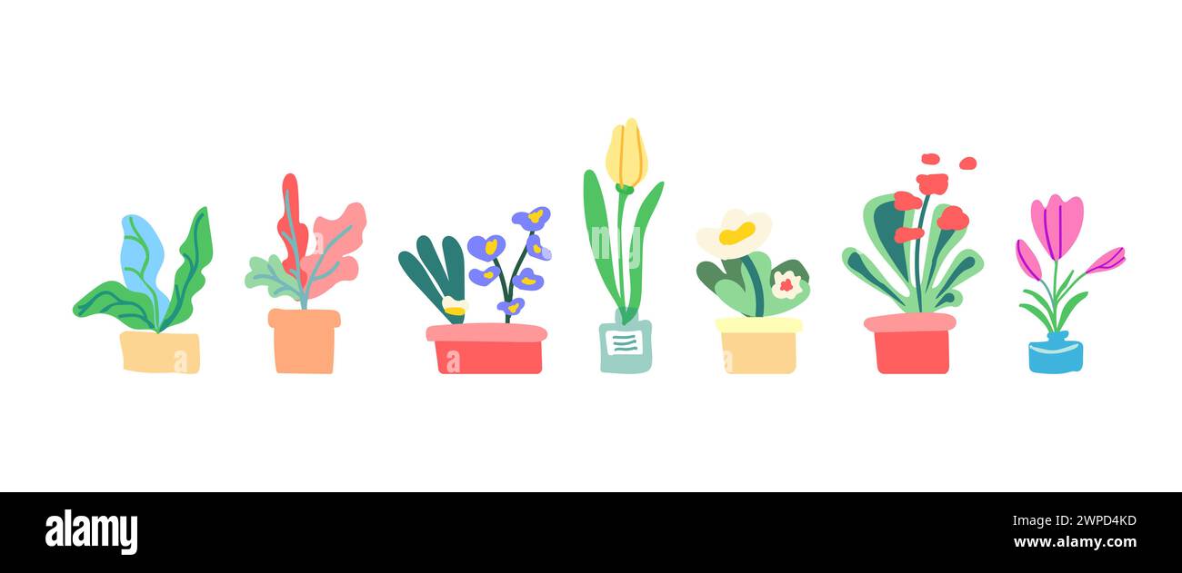 Sammeln Sie Frühlingsblumen und Blätter im Topf. Blühende Pflanzen. Blühende Blumen und Laub. Flache grafische Vektorillustration auf weißem Hintergrund. Bunte handgezeichnete Illustration Stock Vektor