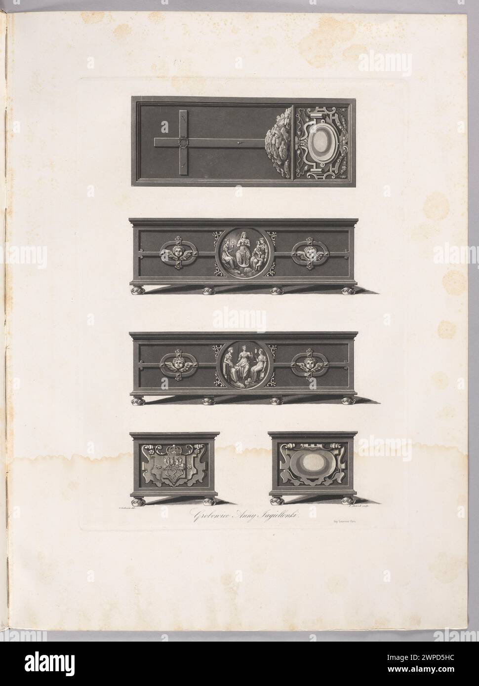 Illustration des Grabes der Königin Anna Jagiellonka in Krakau aus einem Album, das polnische Königsgräber dokumentiert, das von Dietrich, Stachowicz und Lemercier erstellt wurde. Stockfoto