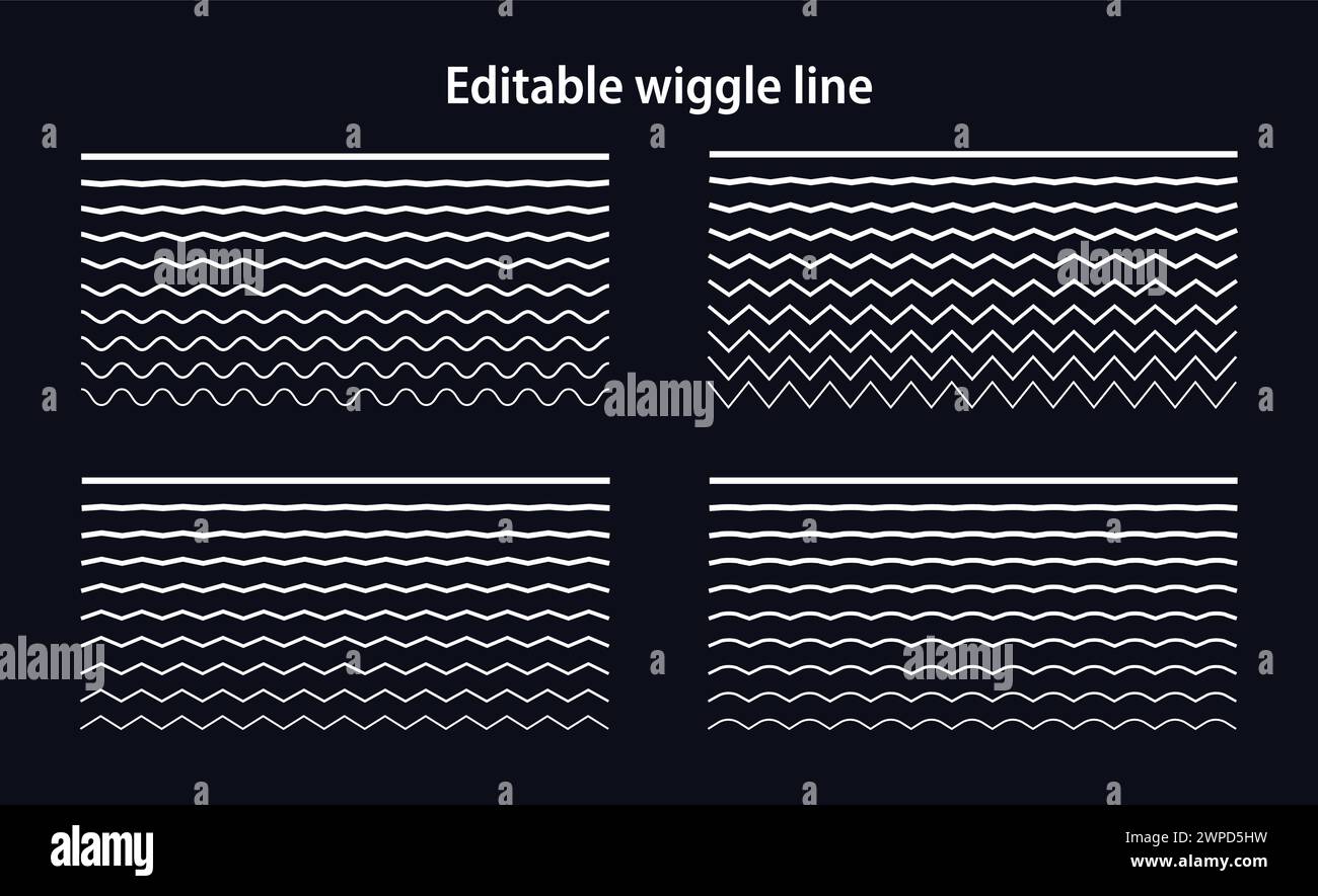 Bearbeitbare Wackellinien. Set aus welligen Kurven und sich schneidenden horizontalen Konturen im Zickzack. Übergang von einer geraden zu einer wellenförmigen Linie. Geometrisches Design Stock Vektor