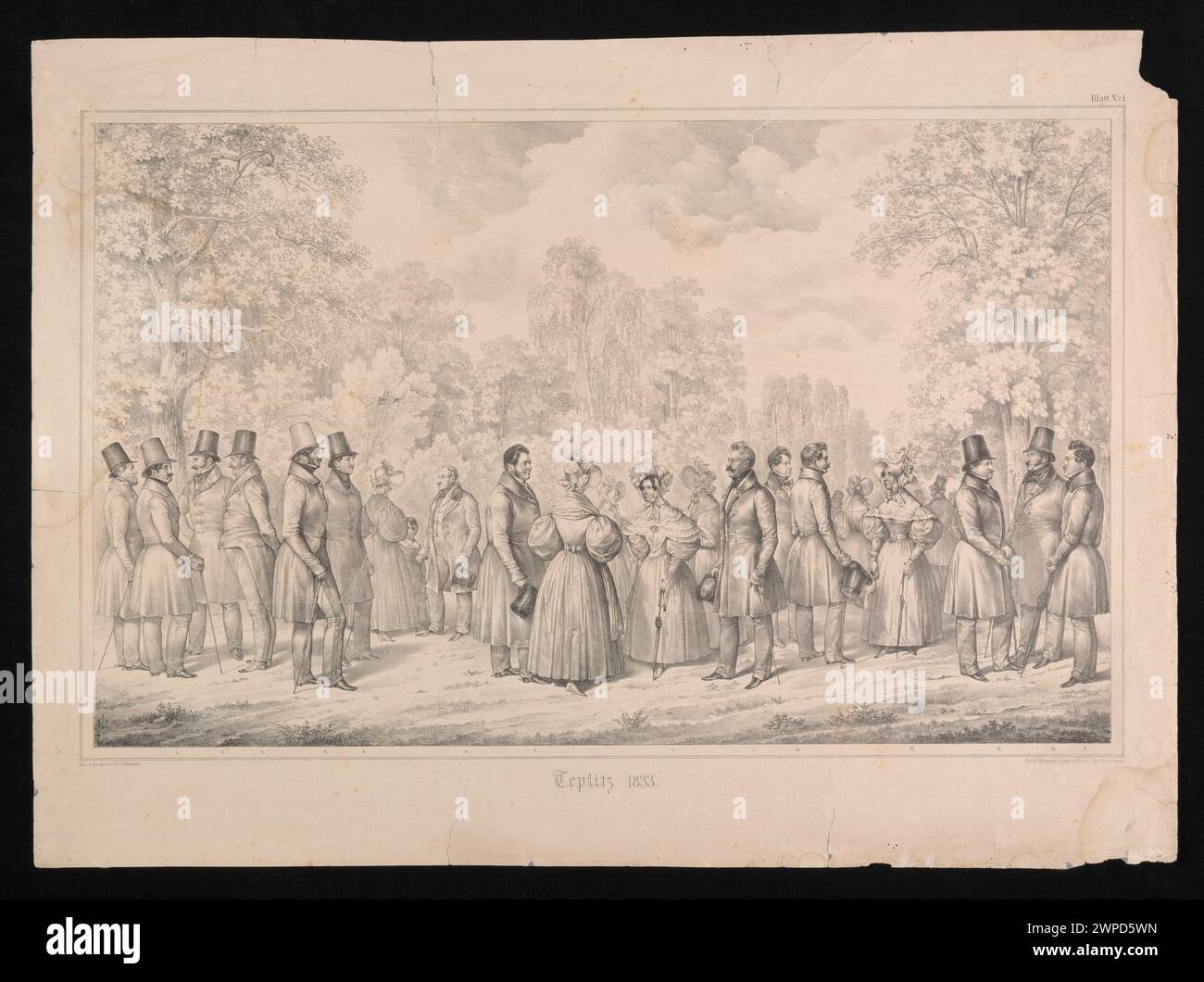 Eine Lithografie von Cieplice aus dem Jahr 1833 von Theodor Hosemann, die Stadtbild, Architektur und soziale Umgebung der Berliner Gesellschaft des frühen 19. Jahrhunderts zeigt. Stockfoto