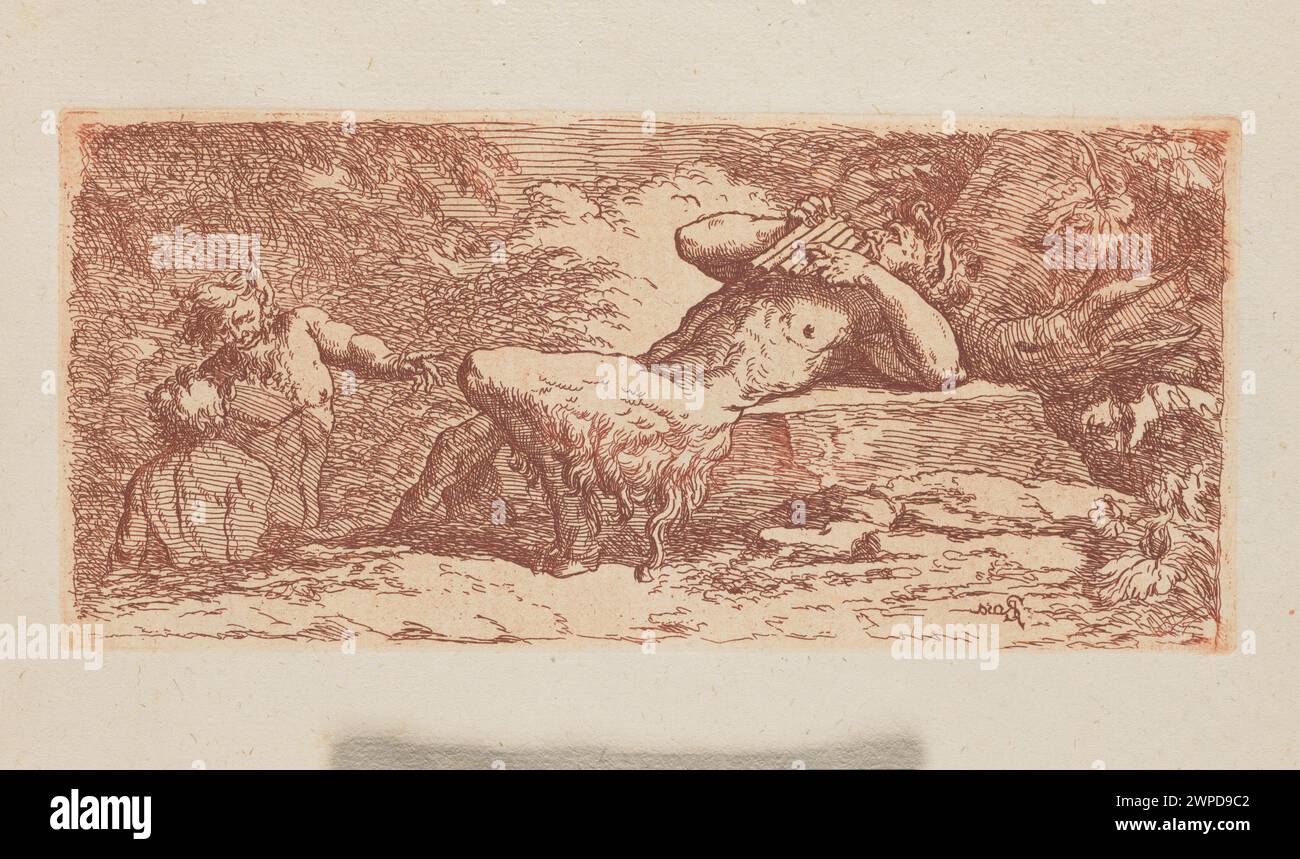 Diese Karte enthält zwei Gravuren, die auf Salvator Rosa's Designs basieren: Einen Satyr, der die Flöte des Herrn spielt, und Meeresgottheiten. Es ist Teil der Serie Serie „Serie di LXXXV Disegni in Varie Grandezze“ von Carlo Antonini, die 1780 veröffentlicht wurde und den Barockstil Rosa aus dem 17. Jahrhundert widerspiegelt. Stockfoto