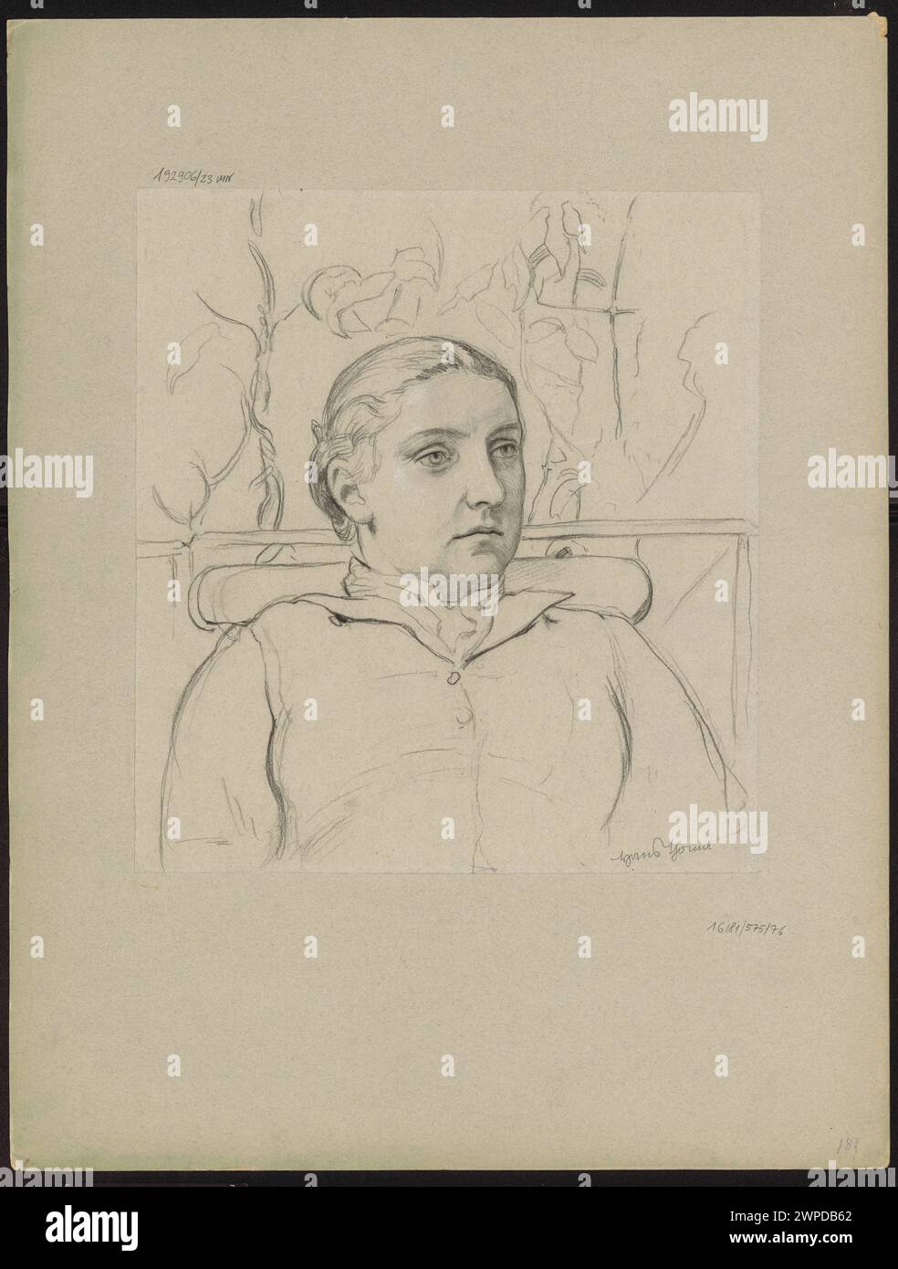 Hans Thomas Porträt zeigt einen Künstler in Büstenform, der vor einem grünen Hintergrund sitzt. Die Komposition betont die Gesichtszüge und den Ausdruck des Motivs und fängt einen Moment der Introspektion ein. Thomas Verwendung von Licht und Schatten hebt die Konturen des Gesichts hervor und verleiht der Darstellung Tiefe. Stockfoto