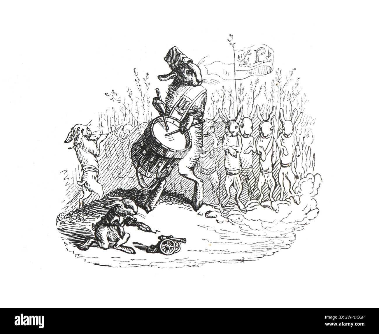 Anthropomorphe Tiere. Kaninchen, die gerade eine Kanone zünden. Humanisierte Cyborg-Tiere. CRISPR. FALL 9. Außerirdische. Handgezeichnete Vintage-Illustration. Stockfoto