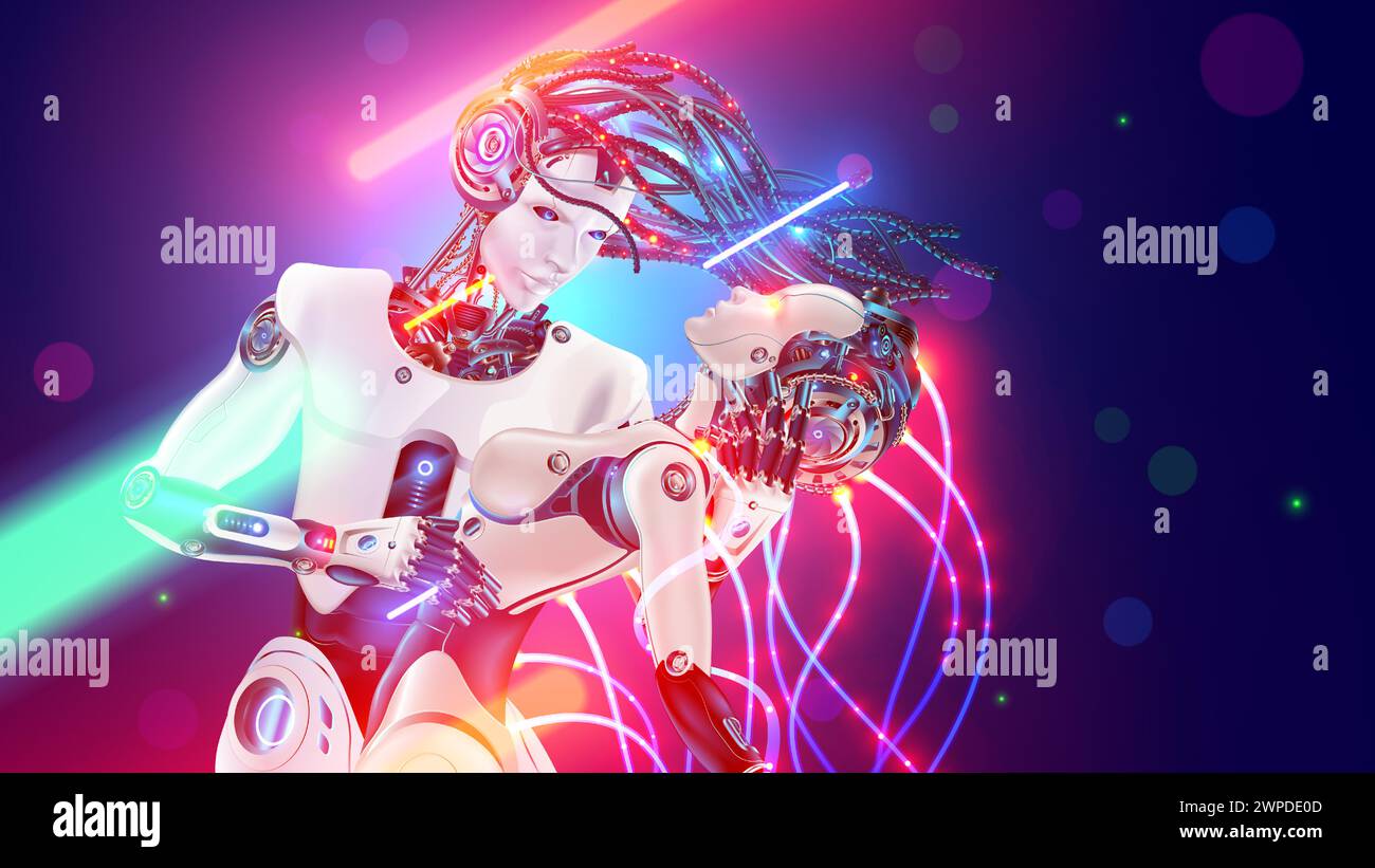 Ein paar verliebte Roboter. Ein männlicher Roboter hält einen weiblichen Roboter in seinen Armen. Künstliche Intelligenz. AI. Romantische Beziehungen und Liebe zu Cyborgs mit AR Stock Vektor
