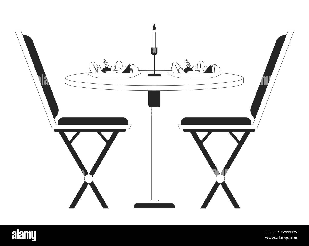 Romantische Esstisch Stühle schwarz-weiße 2D-Linie Zeichentrickobjekt Stock Vektor