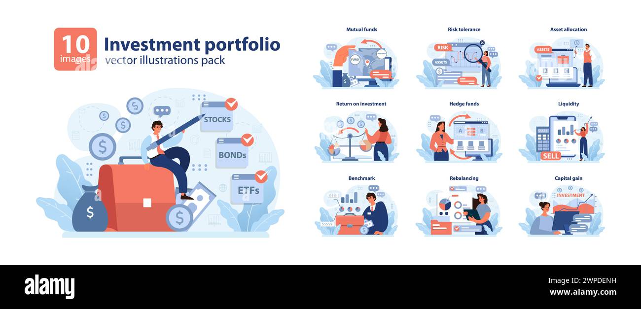 Anlageportfolioset. Verschiedene Finanzthemen werden vorgestellt. Fonds auf Gegenseitigkeit, Risikotoleranz, Asset Allocation. Liquidität, Hedgefonds, Kapitalrendite. Kapitalgewinn, Benchmark-Erkenntnisse Stock Vektor