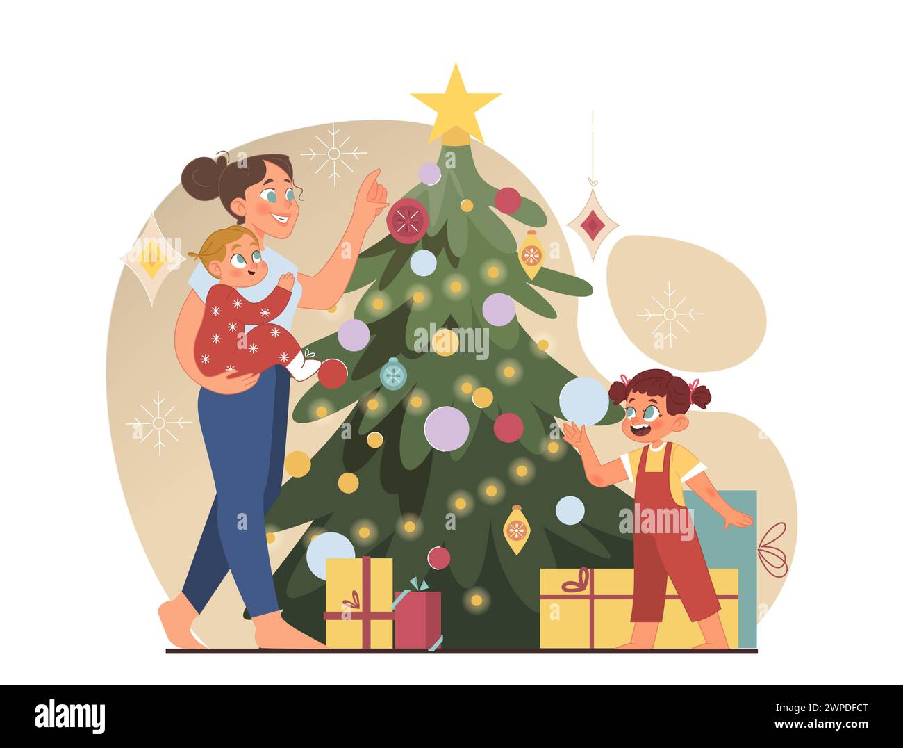 Die Leute feiern weihnachten und Neujahr. Fröhliche Familienmitglieder, Mutter und Kinder schmücken den großen weihnachtsbaum in den Winterferien. Festliche Tradition. Illustration des flachen Vektors Stock Vektor