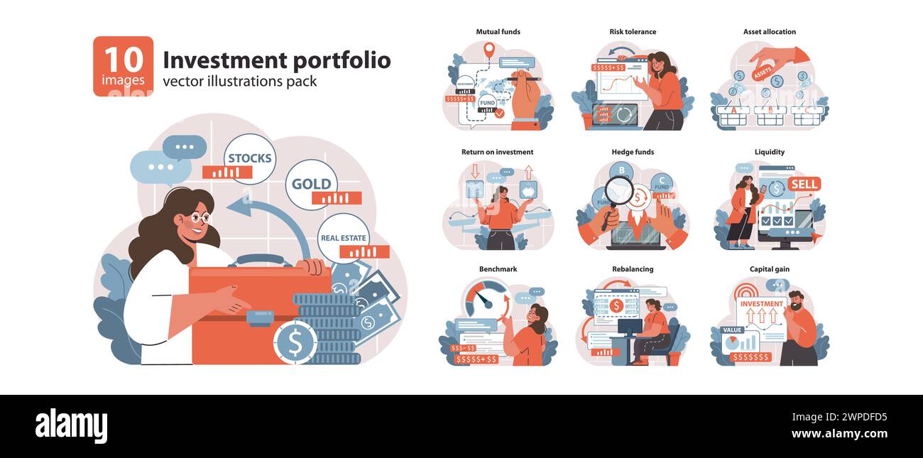 Anlageportfolioset. Verschiedene Strategien im Finanz- und Vermögensmanagement. Aktien, Gold, Immobilienauswahl. Kapitalrendite, Hedgefonds-Dynamik. Illustration des flachen Vektors. Stock Vektor