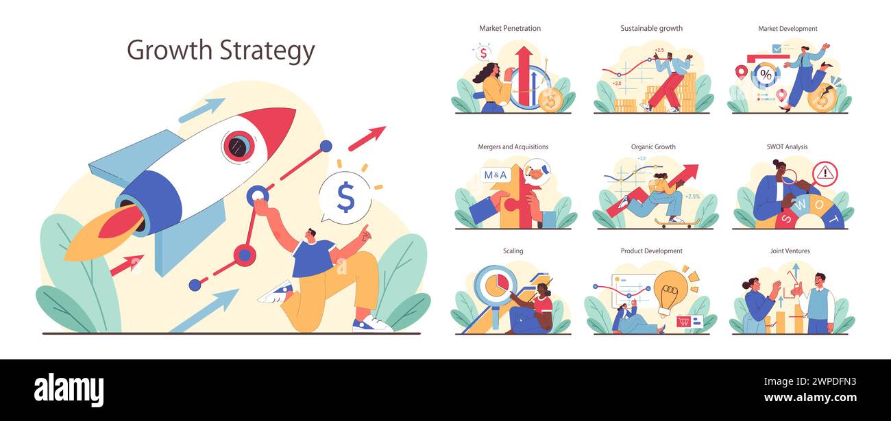 Wachstumsstrategie festgelegt. Unternehmer treiben den Erfolg mit Raketen, Markteinsätzen und strategischen Instrumenten voran. Marktdurchdringung, nachhaltiges Wachstum, Fusionen. Organischer Fortschritt, SWOT-Einblicke, Joint Ventures. Stock Vektor
