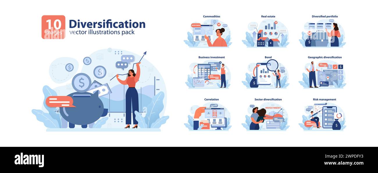 Diversifizierungssatz. Investoren erkunden Wege wie Rohstoffe, Immobilien, Anleihen und geografische Regionen. Unternehmensinvestitionen, Korrelationsstrategien, Sektorexploration und Risikomanagement. Stock Vektor