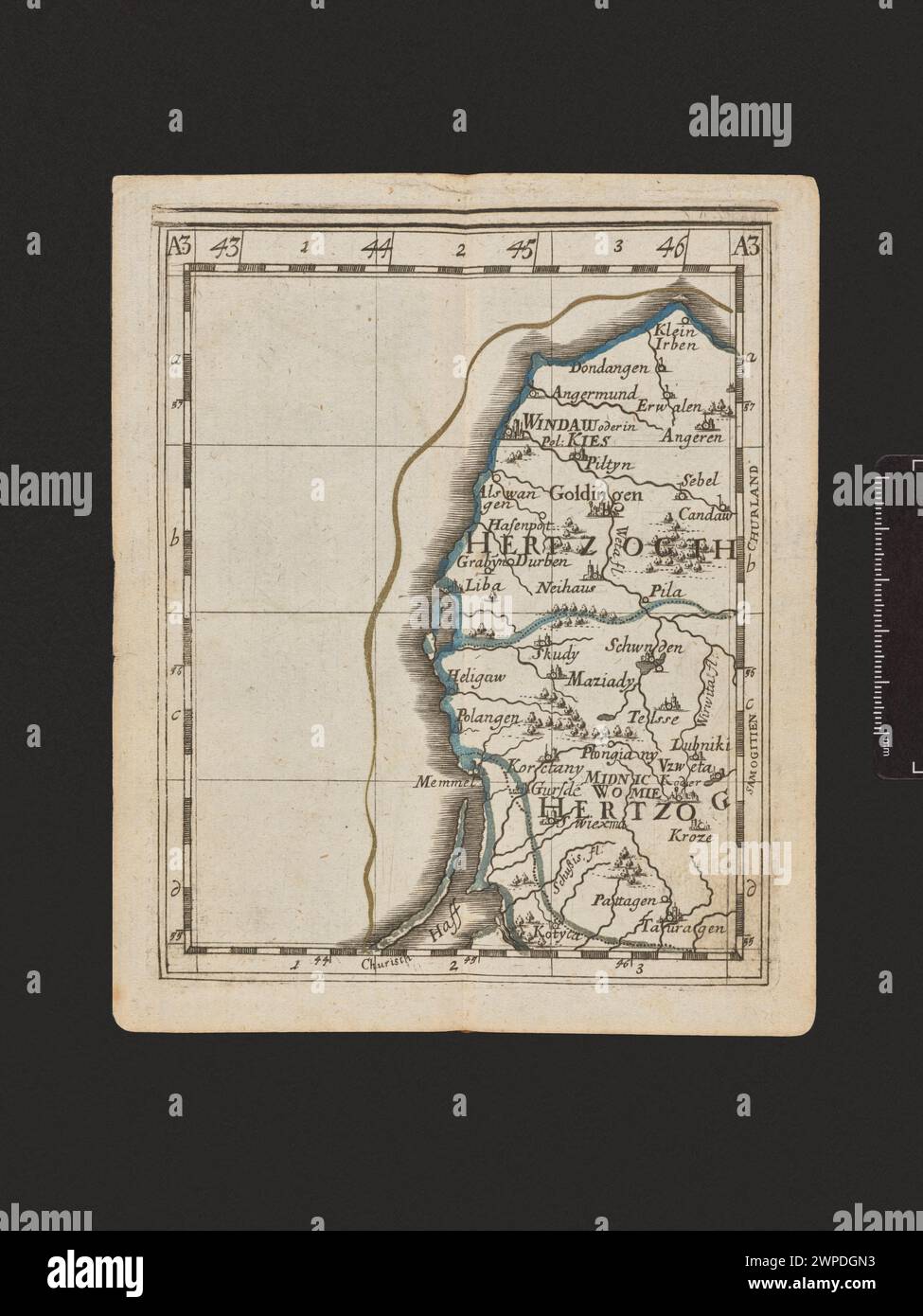 Eine Karte von Johann Stridbeck, die das Skigebiet Kuro in Litauen und Russland zeigt, erstellt um 1700–1710, und veranschaulicht Geographie und politische Grenzen. Stockfoto
