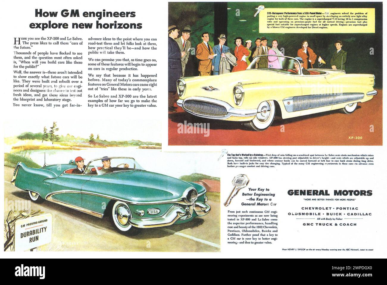 1952 General Motors GM XP-300 & Le Sabre Printwerbung Stockfoto