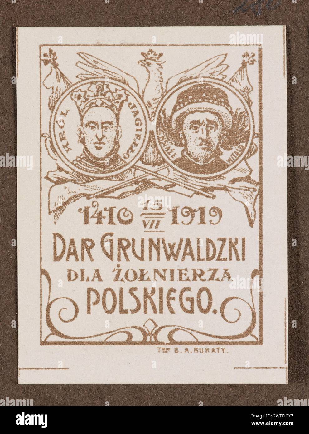 Stempel aus dem Jahr 1919 mit Porträts von Władysław Jagiełło und Prinz Witold in Medaillons zum Gedenken an die Schlacht von Grunwald, die für polnische Soldaten bestimmt sind, produziert von der Gesellschaft B. A. Bukaty in Warschau. Stockfoto