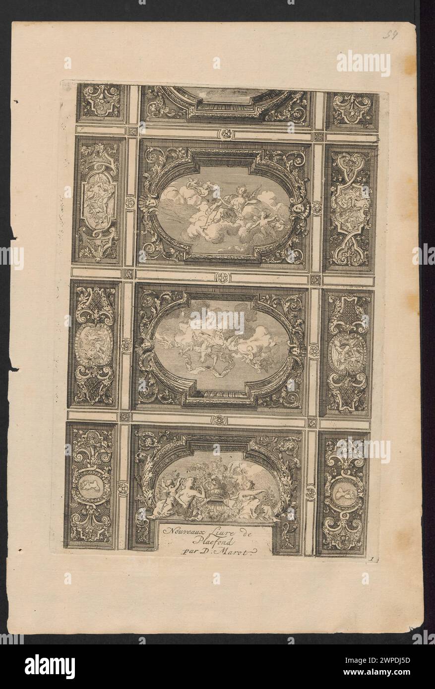 Titelkarte der Serie „Nouveaux Livre de Plapefond“; unbekannt, Marot, Daniel (1661-1752; St.); nach 1703 (1663-00-00-1752-00);Magdalenaea (Sammlung), Schlesisches Museum der Bildenden Künste (Wrocław - 1880-1945) - Sammlung, Dekorationen, Französisch (Kultur), Titelkarten, Ornamente, Plafonds (Archite.), Designs, Innenräume Stockfoto