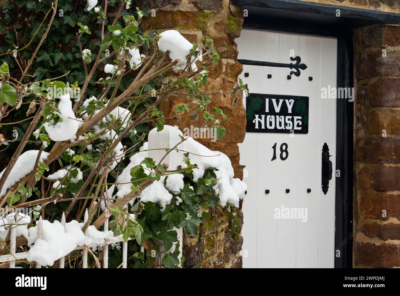 Eine weiße Tür mit Schild für Ivy House in einer Steinmauer mit gemeinem Efeu an der Seite; Hardingstone Village, Northampton, Großbritannien Stockfoto