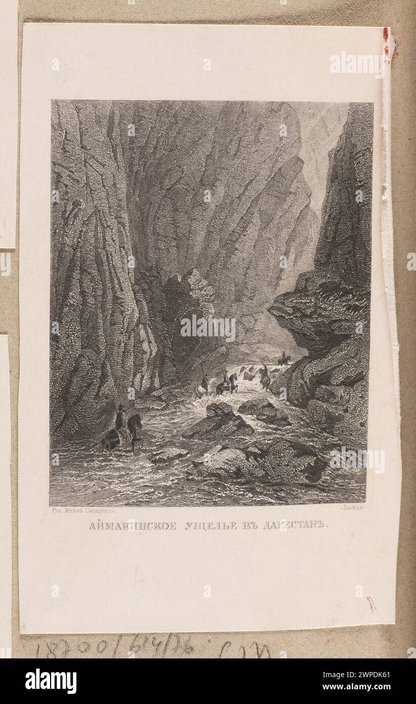 Illustration des Ajmakiński Canyon in Dagestan aus dem Jahr 1862, erstellt für „Pamjatnaja Kniażka“, mit Beiträgen von Grigori Gagarin, gedruckt in Petersburg von Voenna Tipographic. Stockfoto