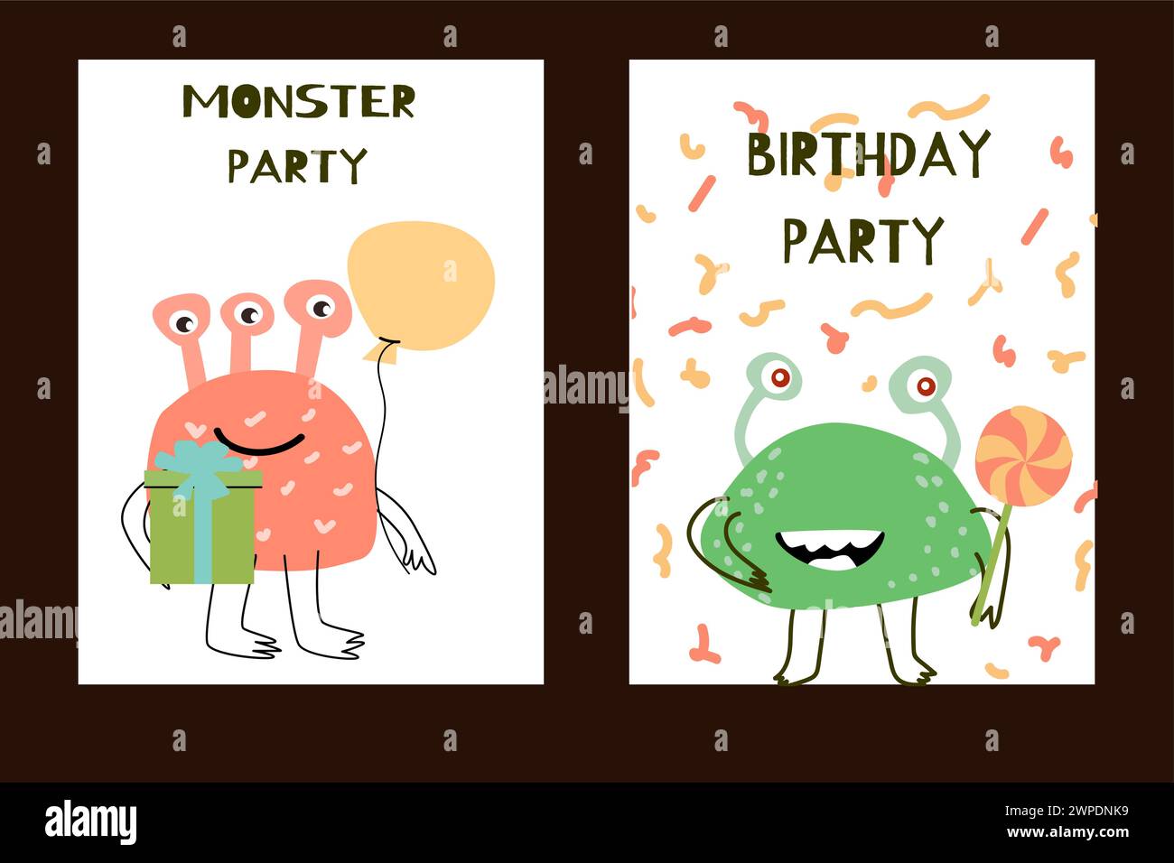 Set mit Poster zum Geburtstag mit niedlichen Monstern. Vertikaler Hintergrund des Babys für Geburtstagskarte. Stock Vektor