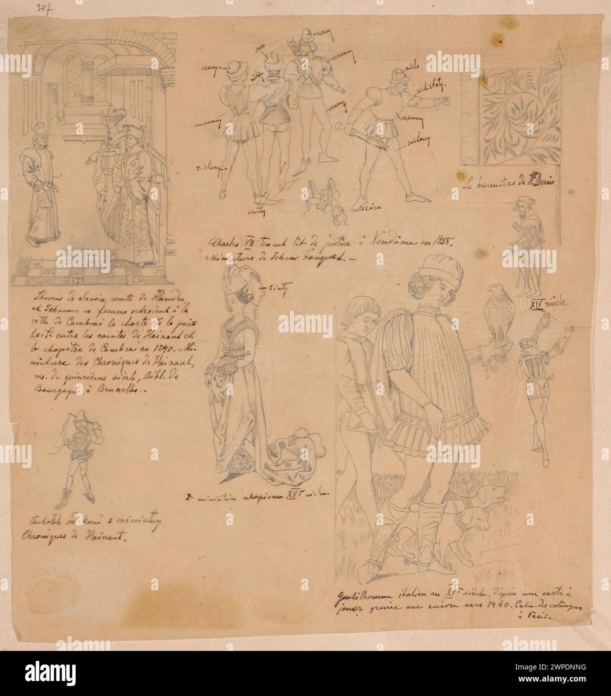 Scen-Linse und Charaktere aus der Reproduktion von Miniaturansichten aus „Protection de Hainaut“ (Librije Van Bourgondië, Brüssel) und „Histoire des Empereurs“ (Bibliotheque de l'Arsenal, Paris) in: Paul Lacroix, „Mours, Usages et Kostüumes Au Moyen âge et a l'époque de la Renaissance“, Paris 1871; Czachórski, Władysław, (1850-1911 1875); nach 1871 (1871-00-00-00-00-00-00-00-00-00); 00-00-00-00); Stockfoto