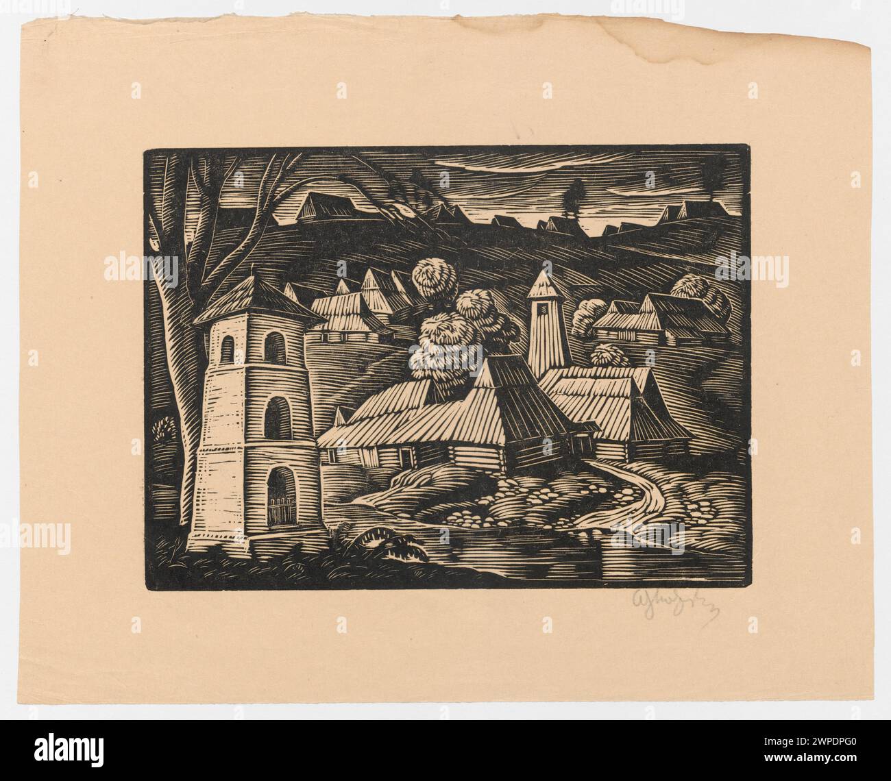 Landschaftsgemälde von W. Adys Aw Skoczylas, 1930. Hebt die natürliche Landschaft und architektonische Elemente hervor. Stockfoto