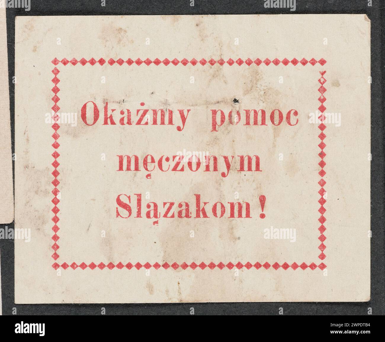 Dieser Falldruck aus dem Jahr 1919 appelliert an Hilfe für müde Schlesier und veranschaulicht humanitäre und soziale Unterstützungsbotschaften in Polen nach dem Ersten Weltkrieg. Stockfoto