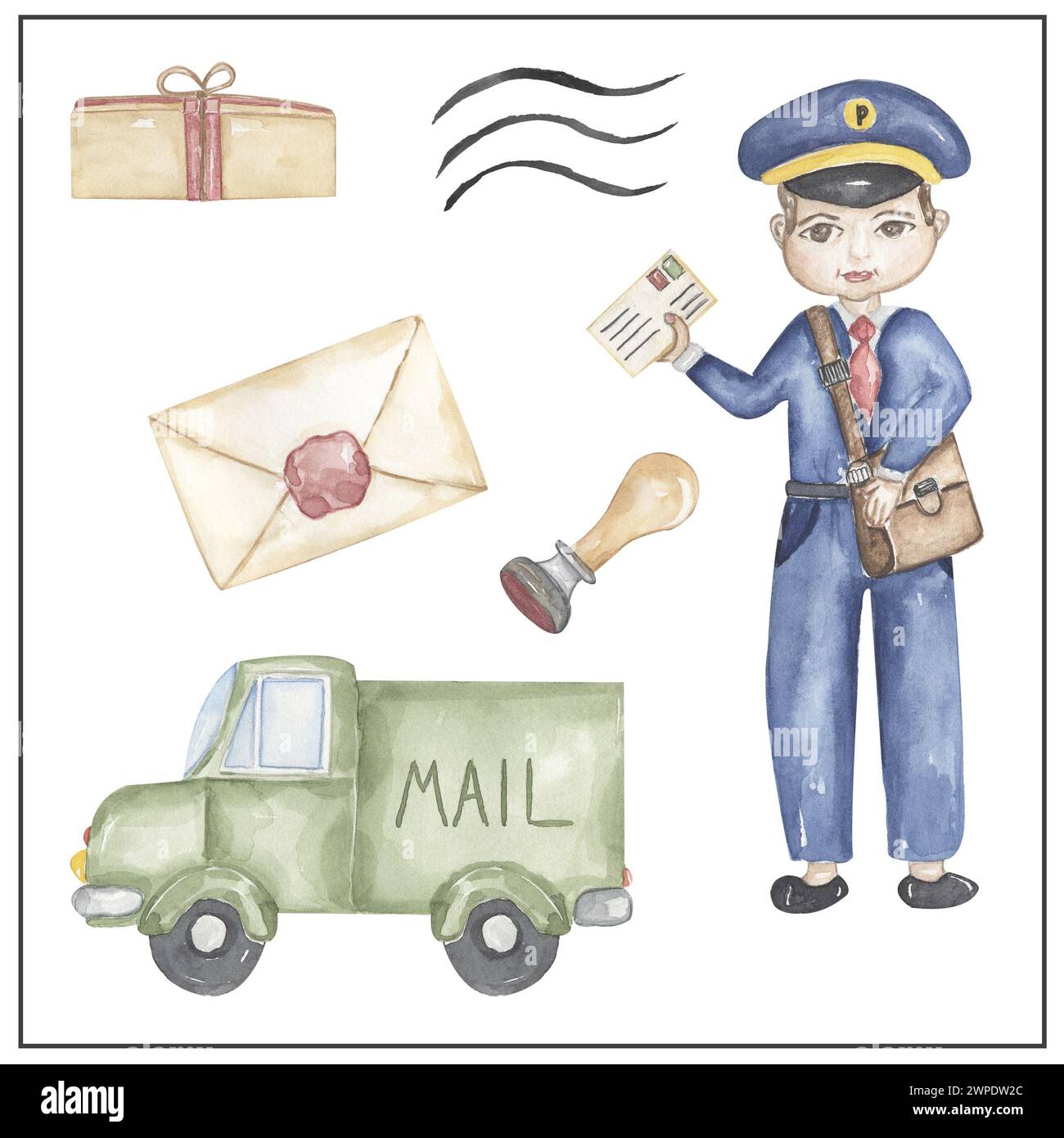 Aquarell Postman Clipart, handgezeichnete Illustration. Postbote arbeitet, Kinder Schulkarten ClipArt, lehrreiche, süße Kindergrafiken mit Berufen. Stockfoto