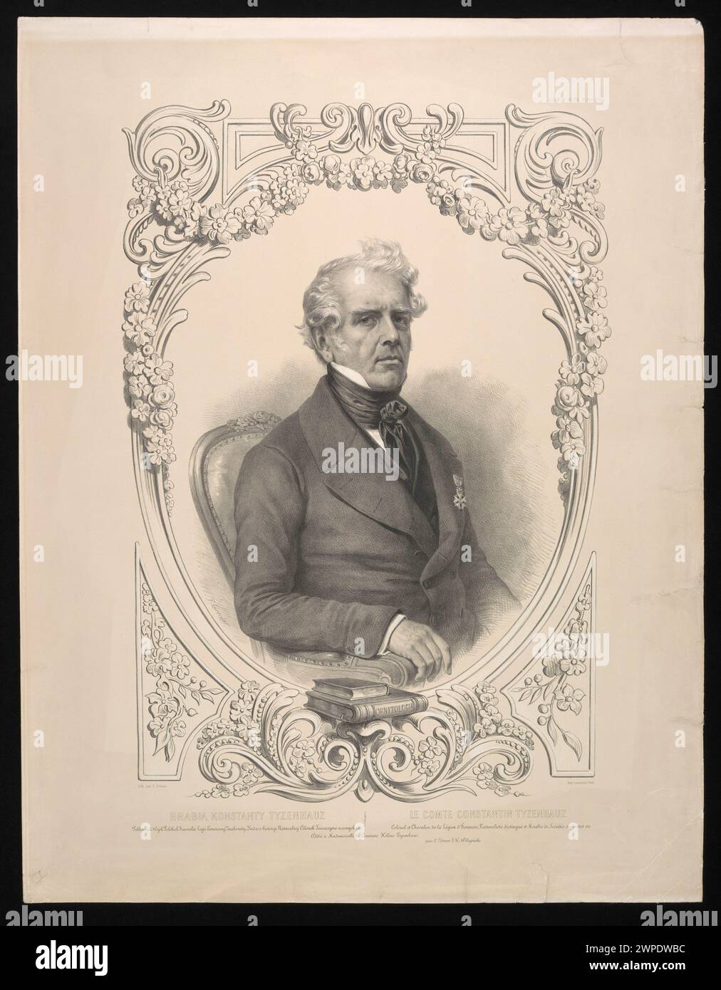 Lithographisches Porträt des Grafen Konstanty Tyzenhauz von Francisque-Martin-Francois Grenier de Saint-Martin und Jan Kazimierz Wilczyński, erstellt 1854 in Paris, mit Gesichtszügen, Kleidung und Haltung. Stockfoto
