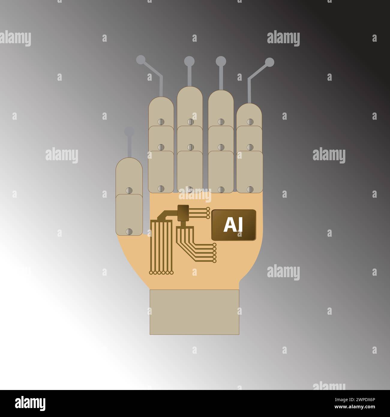 Roboterhand mit Schaltungen und Symbol für künstliche Intelligenz Stock Vektor