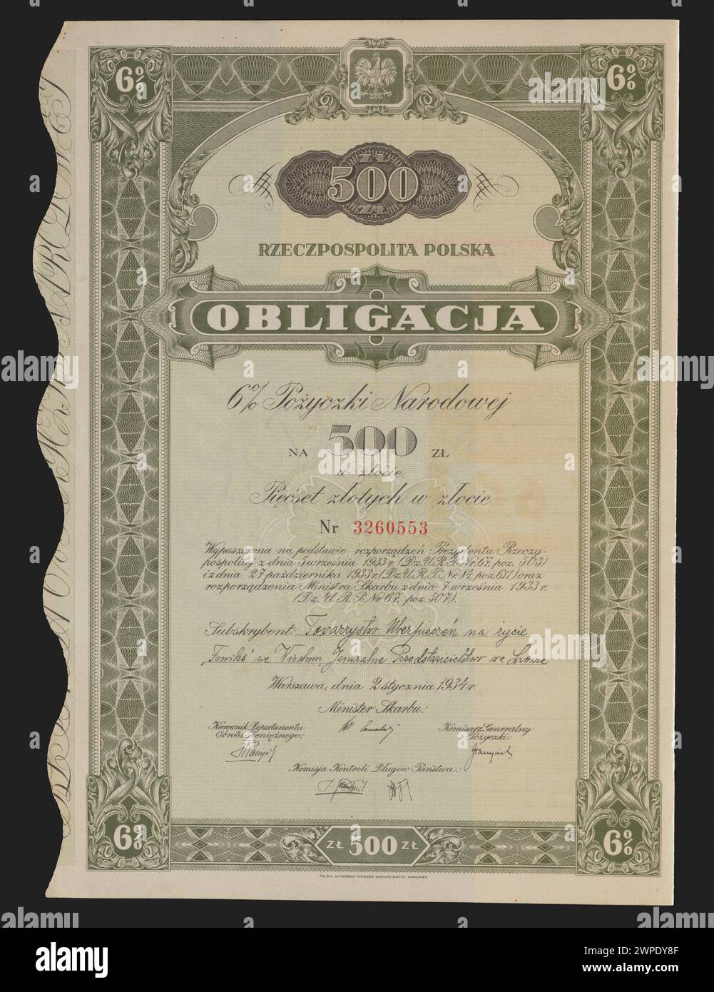 Eine von der Regierung ausgegebene Staatsanleihe aus Warschau (Polen) aus dem Jahr 1934 zur Finanzierung der Staatsausgaben und zur Verwaltung der Staatsverschuldung. Stockfoto
