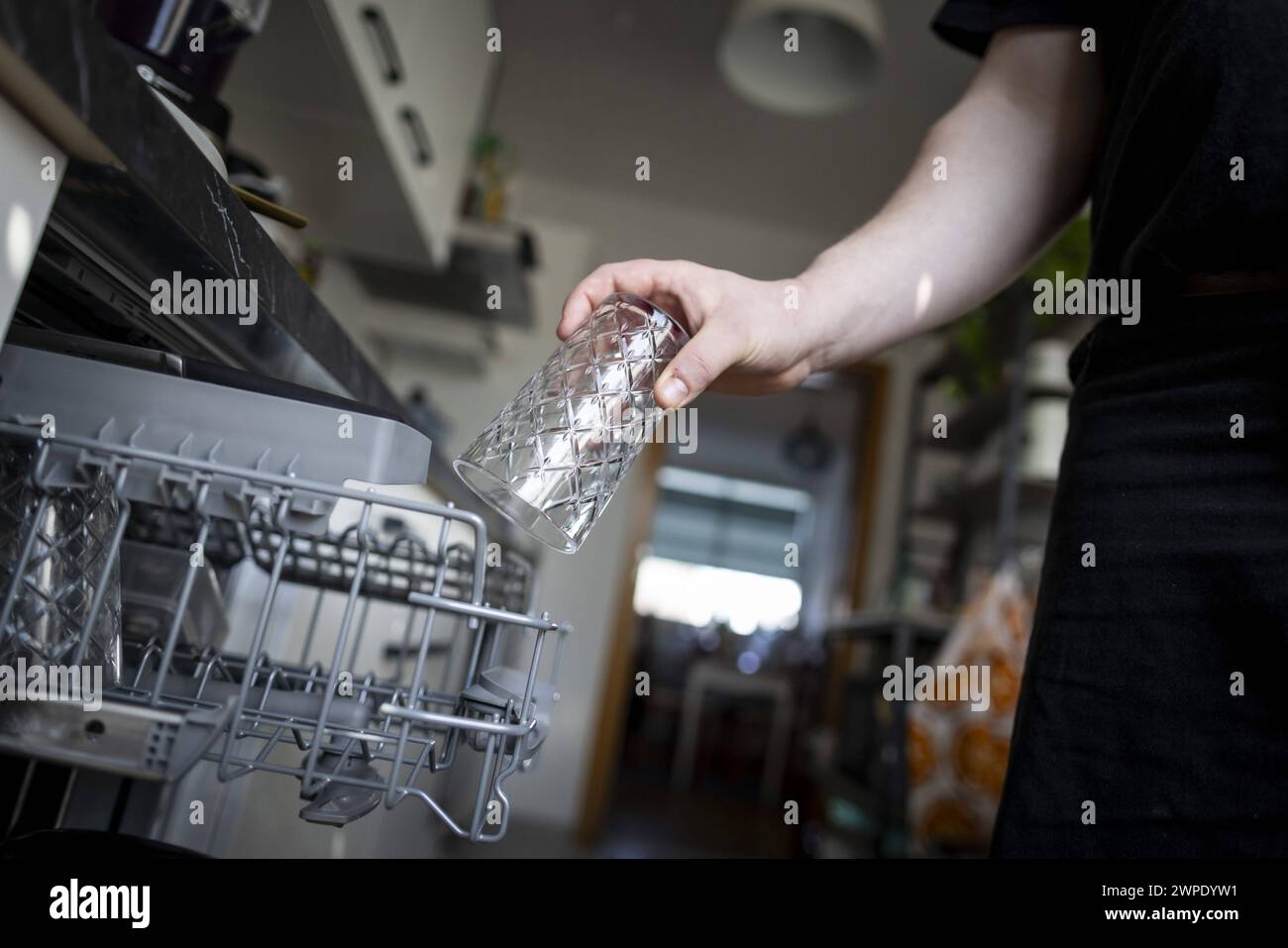 Ein Mann raeumt eine Spuelmaschine ein. Berlin, 08.03.2024. Berlin Deutschland *** Ein Mann, der einen Geschirrspüler reinigt Berlin, 08 03 2024 Berlin Deutschland Copyr Stockfoto