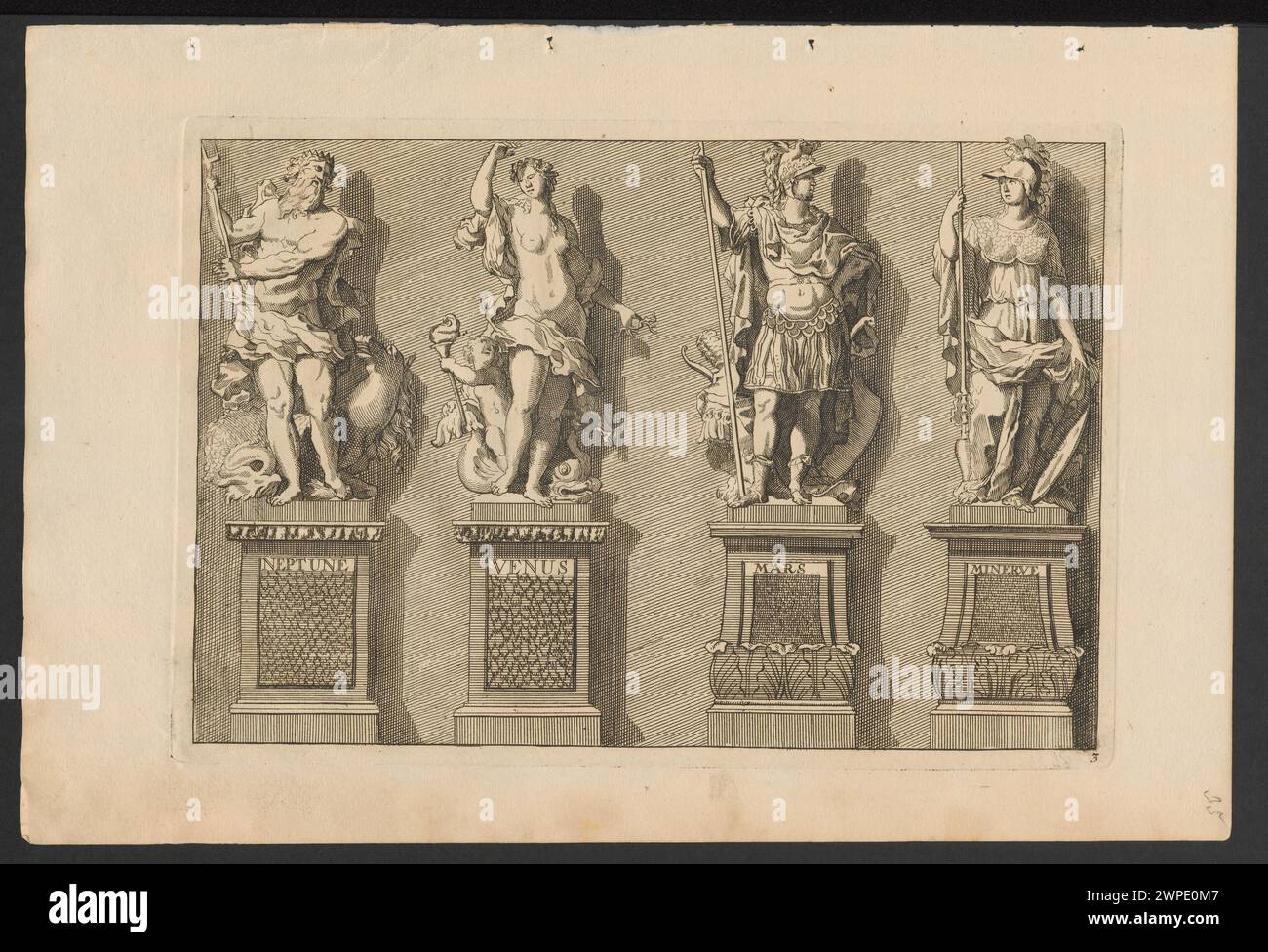 Vier Slots: Neptun, Venus, Mars, Minert; unbekannt, Marot, Daniel (1661-1752; St.); nach 1703 (1663-00-00-1752-00);Aphrodite (Mitol.), Athena (Mitol.), Frankreich, Magdalenaea (Sammlung), Mars (Mitol.), Minerva (Mitol.), Neptun (Mitol.), Poseidon (Mitol.), Schlesisches Museum der Bilden Künste (Wrocław - 1880-1945) - Sammlung, Venus (Mitol.), antike Gottheiten, Französisch (Kultur), Statuen, Projekte, Skulpturen Stockfoto