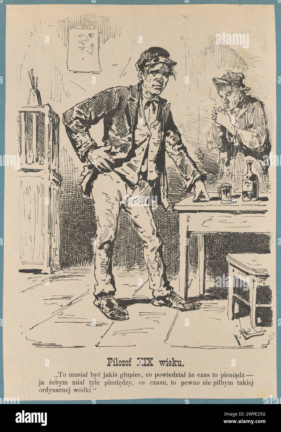 Humorvolle Zeichnung eines Philosophen aus dem 19. Jahrhundert, die karikierte Merkmale und Kleidung hervorhebt, die zwischen 1880 und 1900 entstanden ist. Stockfoto