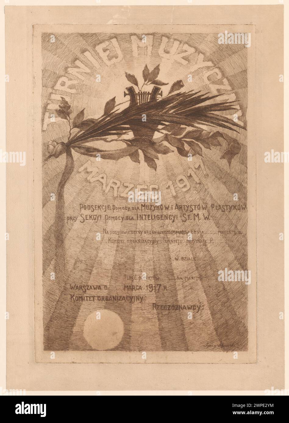 Diplom, das bei einem polnischen Musikturnier im März 1917 ausgestellt wurde, mit grafischen Darstellungen von Leiern, Palmen und Lorbeerzweigen, erstellt von Ignacy Care. Stockfoto