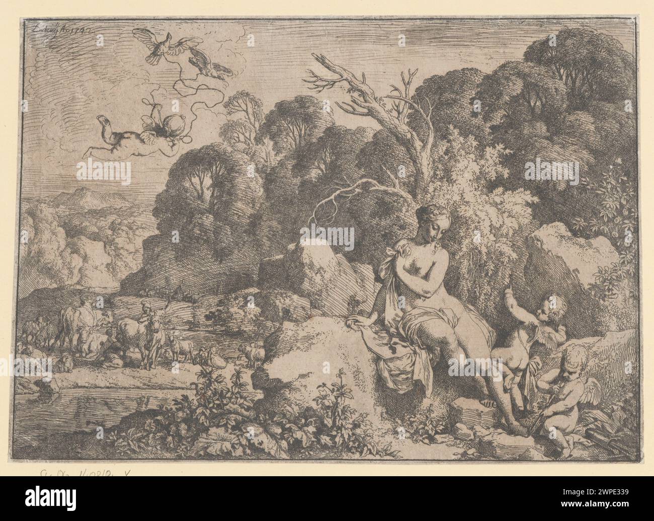 Deutsche Grafik von Dietrich aus dem Jahr 1742, die eine Landschaft mit Nymphen auf Felsen, zwei Sandeln und Cupid darstellt, die mythologische Szenen illustriert, gesammelt im Schlesischen Museum der Bildenden Künste in Wrocław. Stockfoto