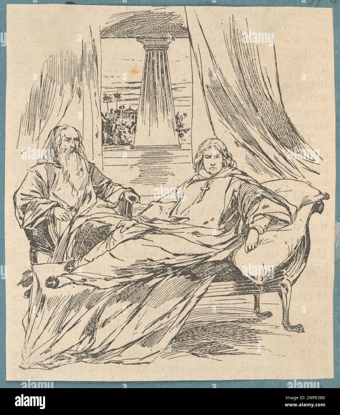 Illustration aus dem Jahr 1880-1900, die zwei Geistliche in einem Gebäude zeigt und religiöse Kleidung und Innenräume hervorhebt. Stockfoto