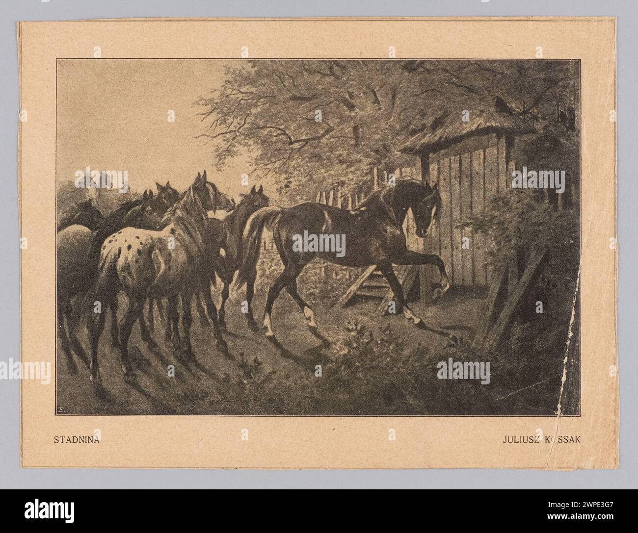 Reproduktion von Juliusz Kossaks Bild eines Pferdegestüts, das Mitte bis Ende des 19. Jahrhunderts geschaffen wurde und Pferdefiguren in historischer Umgebung zeigt. Stockfoto