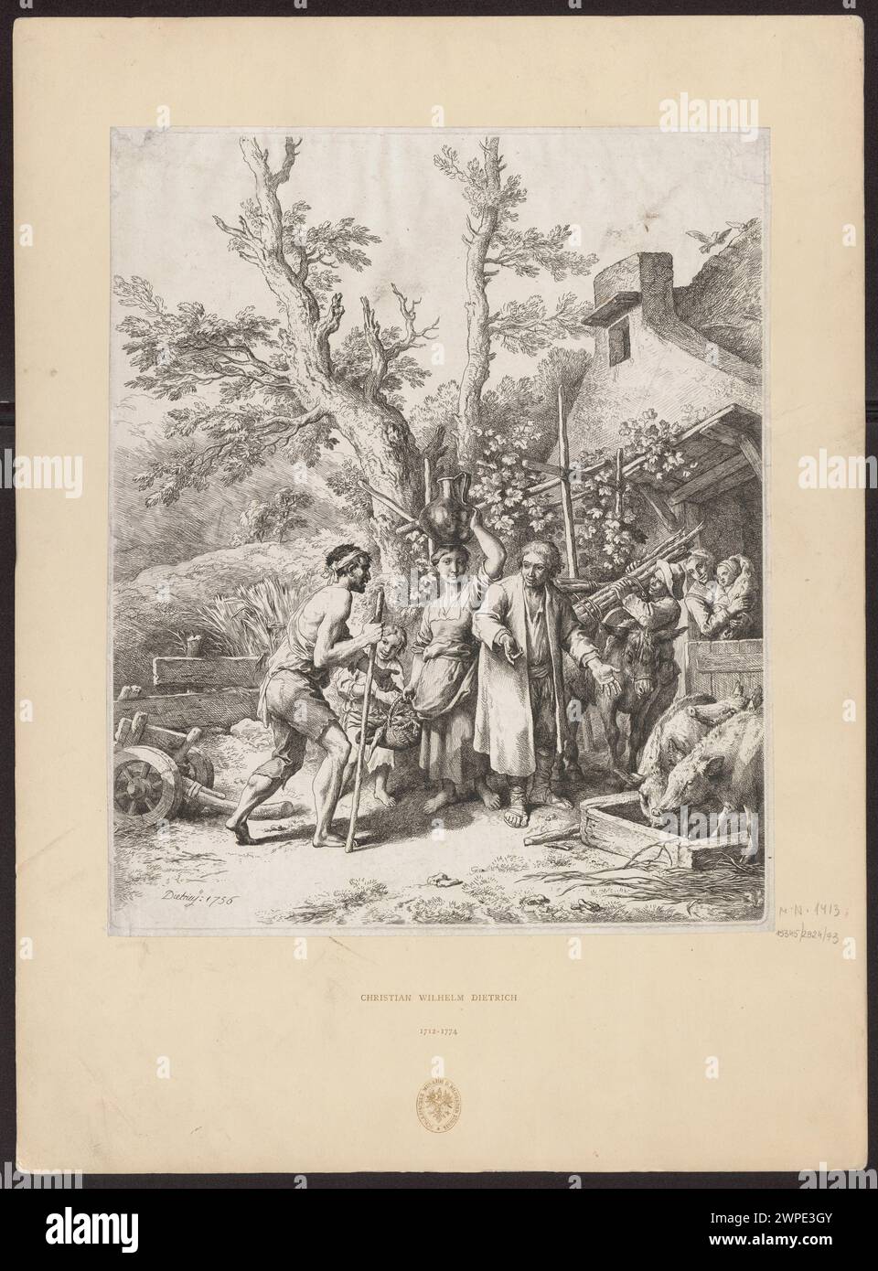 Deutsche Grafik von 1756 von Dietrich, die das Gleichnis vom verlorenen Sohn illustriert und biblische Szenen aus dem Neuen Testament darstellt, Teil der Sammlung Schlesisches Museum der Bildenden Künste in Wrocław. Stockfoto