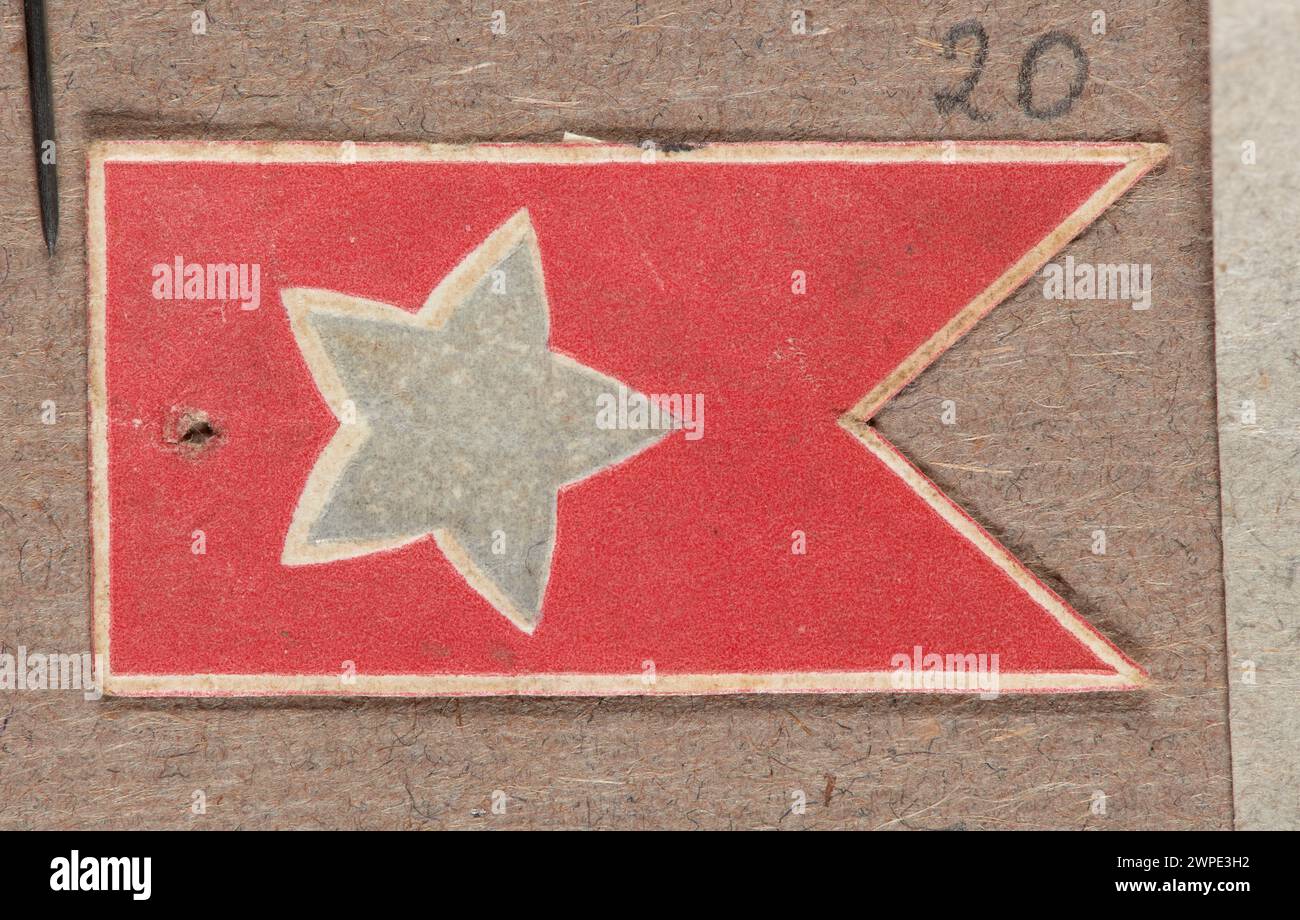 Diese 1916 für Legionäre ausgegebene Briefmarke zeigt einen roten Hintergrund mit grauen Sternen, die militärische Anerkennung und polnische Philatelistik des frühen 20. Jahrhunderts veranschaulichen. Stockfoto