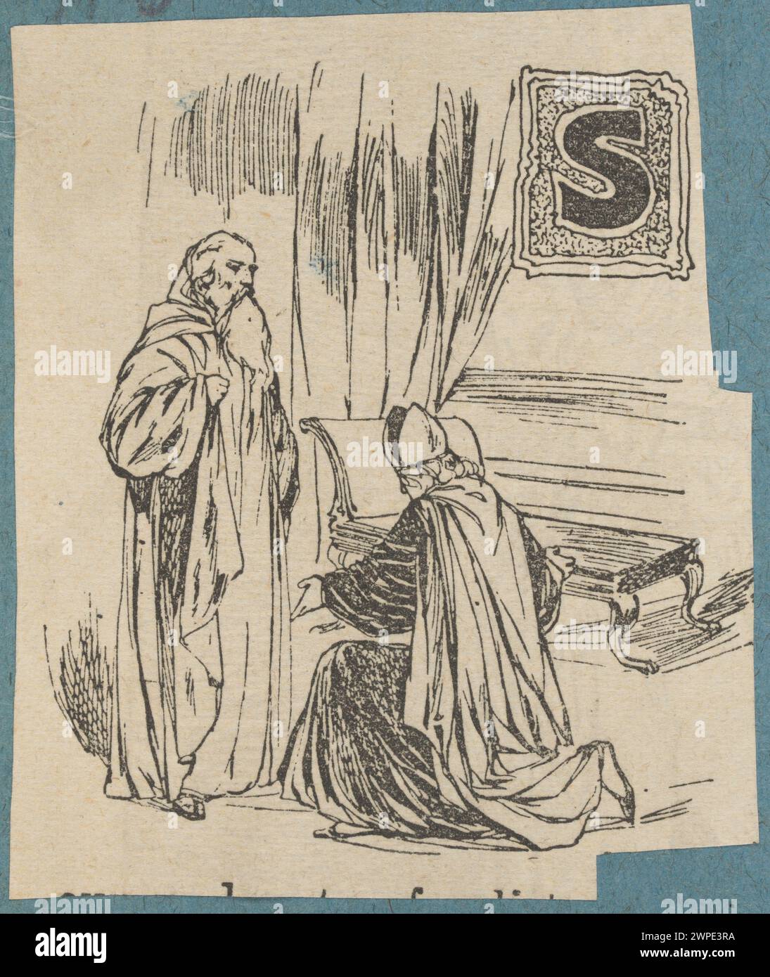 Illustration aus dem Jahr 1880-1900 mit einem dekorativen Initial „S“, begleitet von zwei Geistlichen, die Typografie und religiöse Figuren kombinieren. Stockfoto