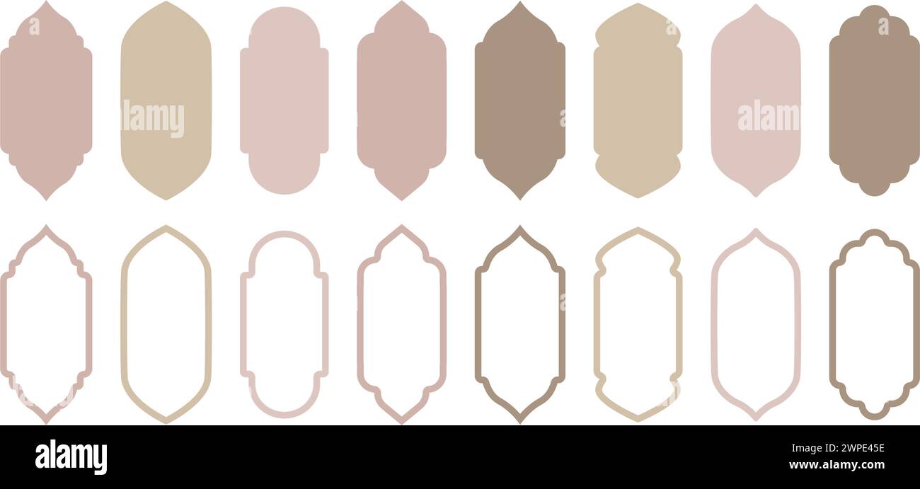 Pastellfarbene arabische Moscheefenster. Elegante Bogenformen. Islamische Architekturelemente isoliert auf weißem Hintergrund. Symbole, Vektorangaben für Stock Vektor