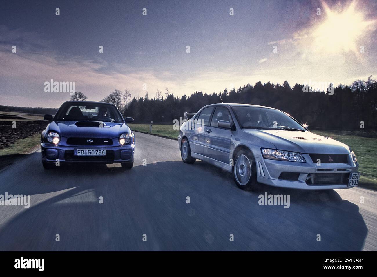 Subaru Impreza Turbo WRX und Mitsubishi Lancer Evo Stockfoto
