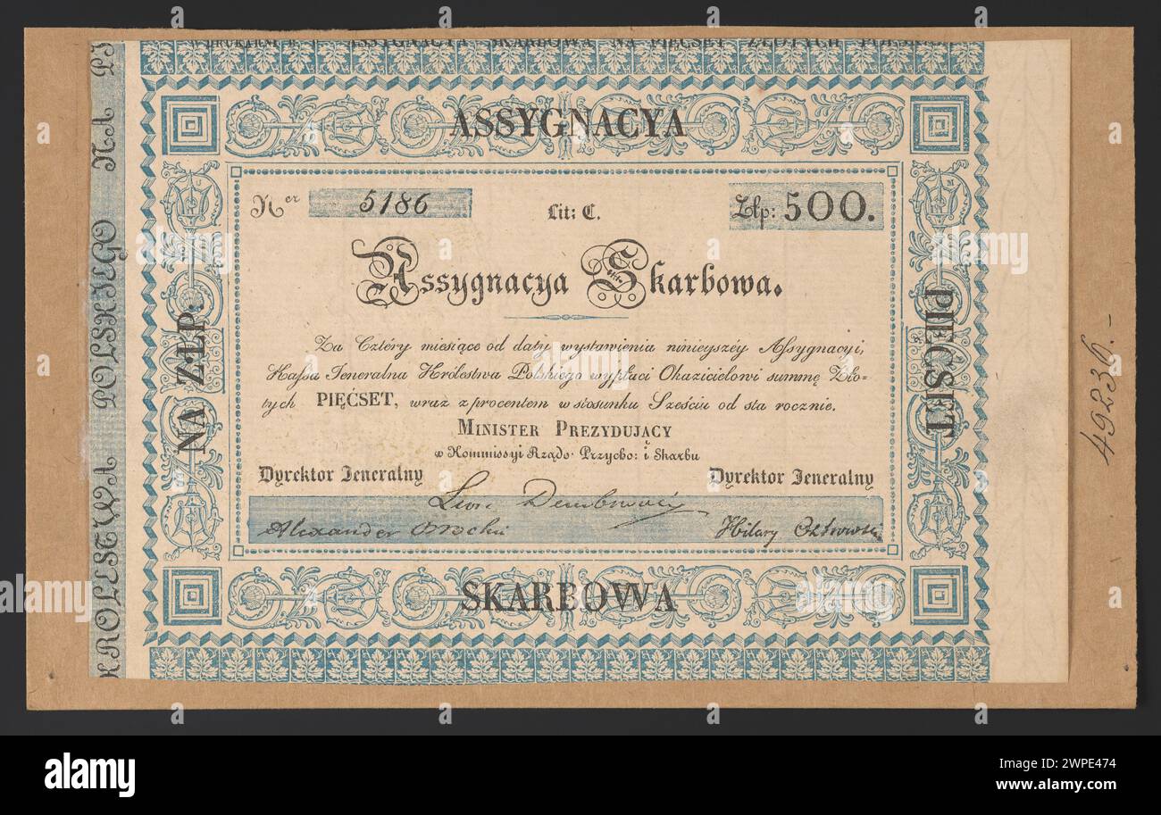 Staatliche Finanzverwaltung für 500 Fünftel ab 1831, die als offizielles Finanzdokument dient. Stockfoto
