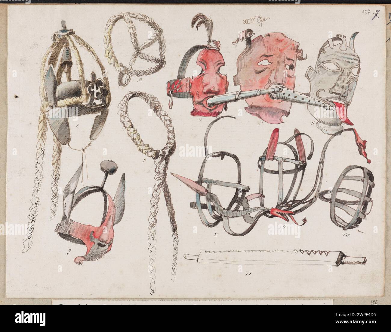 Elf Studien über körperliche Bestrafungs- und Folterwerkzeuge von Władysław Czachórski (1850–1911) um 1870, darunter Masken, Eiseninstrumente und Handwerksdarstellungen. Stockfoto