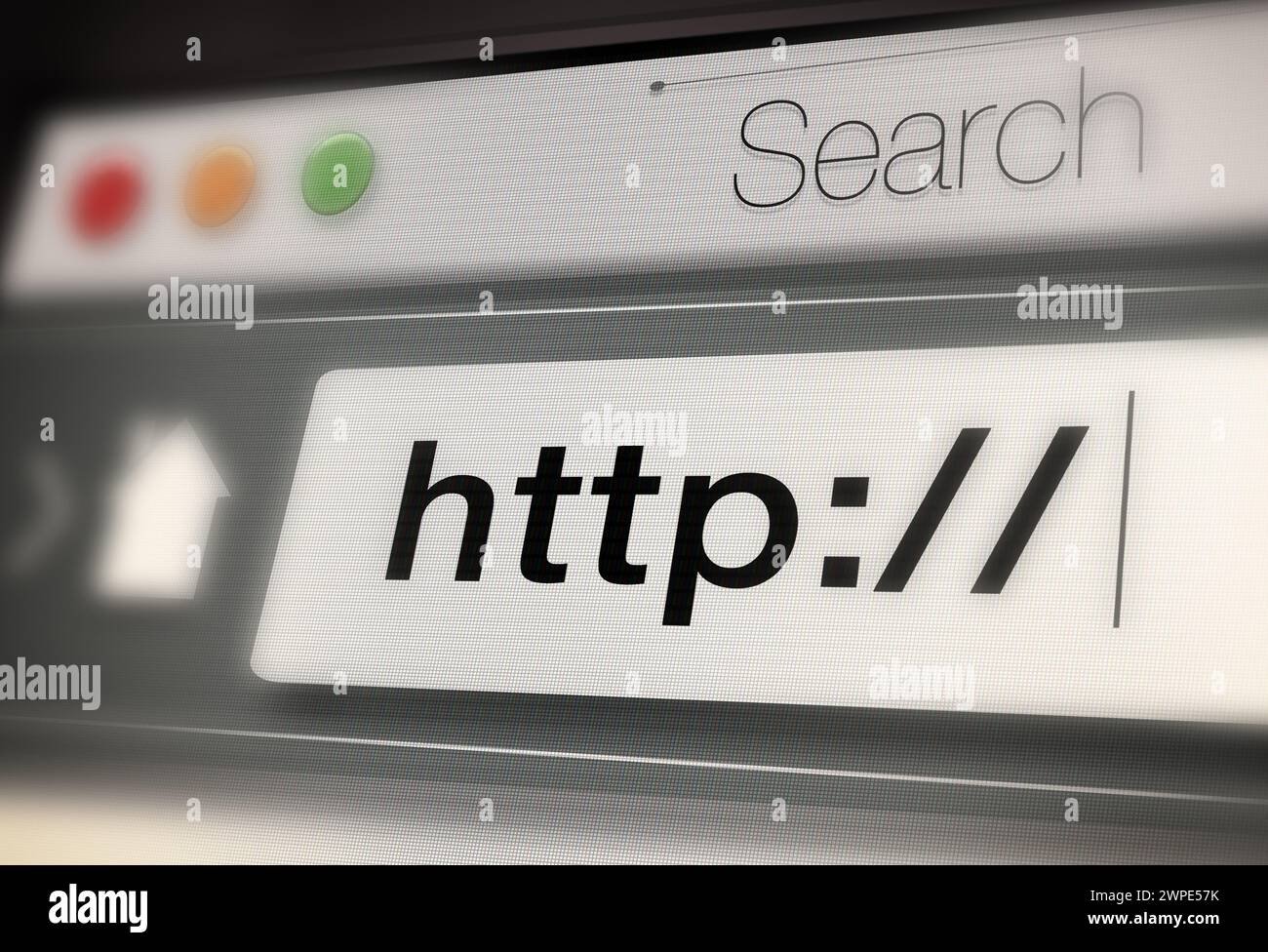 Nahaufnahme, Web und url der Suchleiste auf dem Computerbildschirm für Informationen, weltweites Surfen und Server. Homepage, HTML und Webseitenadresse zum Durchsuchen Stockfoto