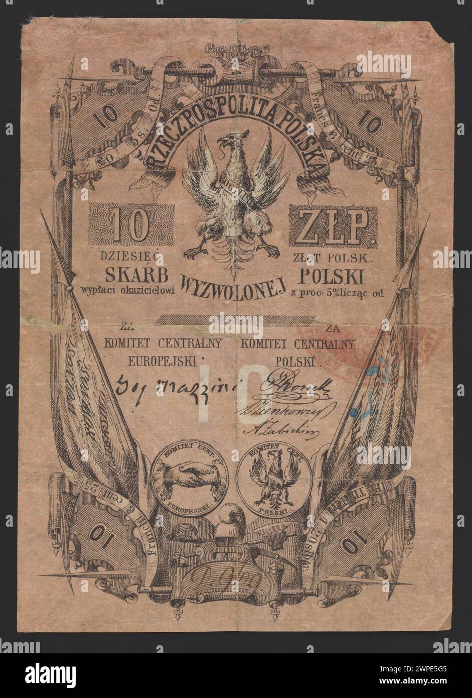 Offizielles Finanzticket, das 1853 für das befreite Polen ausgestellt wurde und ein staatliches Finanzdokument darstellt. Stockfoto