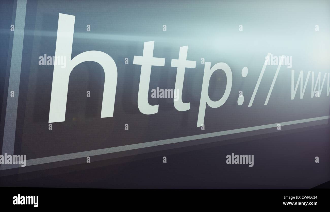 Nahaufnahme, Website und url der Suchleiste auf dem Computerbildschirm für Informationen, weltweites Surfen oder Server. Homepage, HTML oder Webseitenadresse zum Durchsuchen Stockfoto
